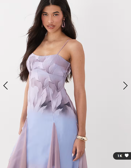 ASOS DESIGN chiffon strappy maxi dress with deep godets in lilac floral