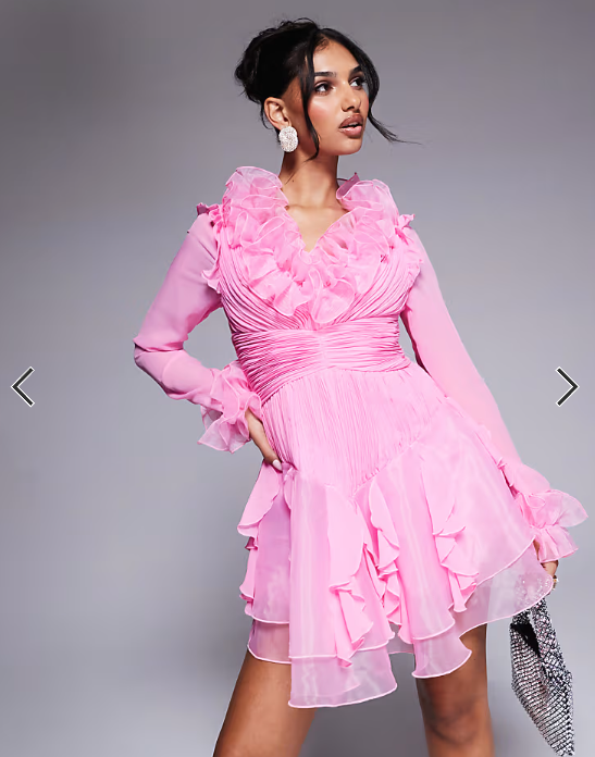 ASOS LUXE organza long sleeve exaggerated ruffle mini dress in Pink