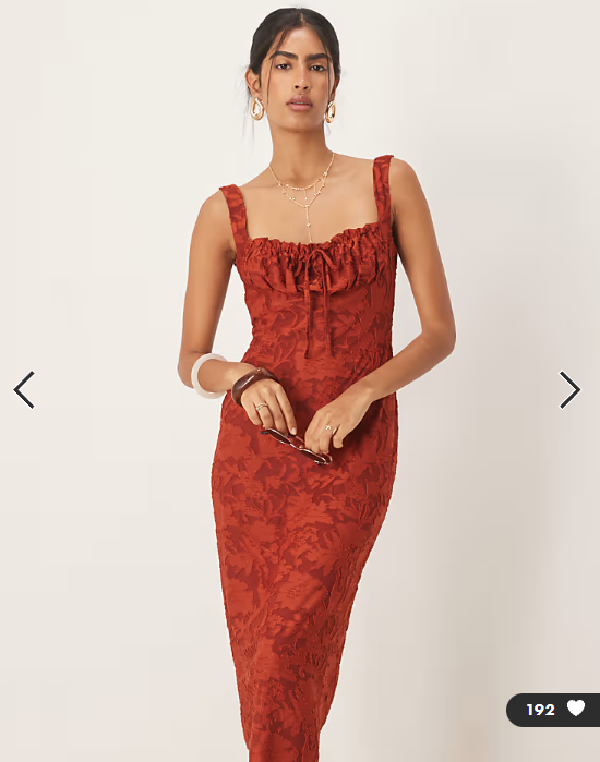 ASOS DESIGN ruched bust corset detail midi dress in rust burnout