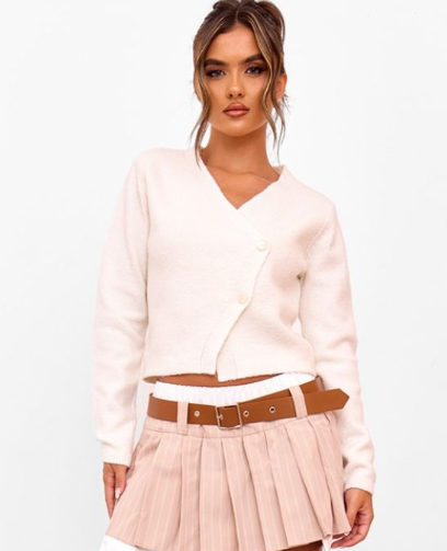 Cream Knit Asymmetric Button Up Cardigan