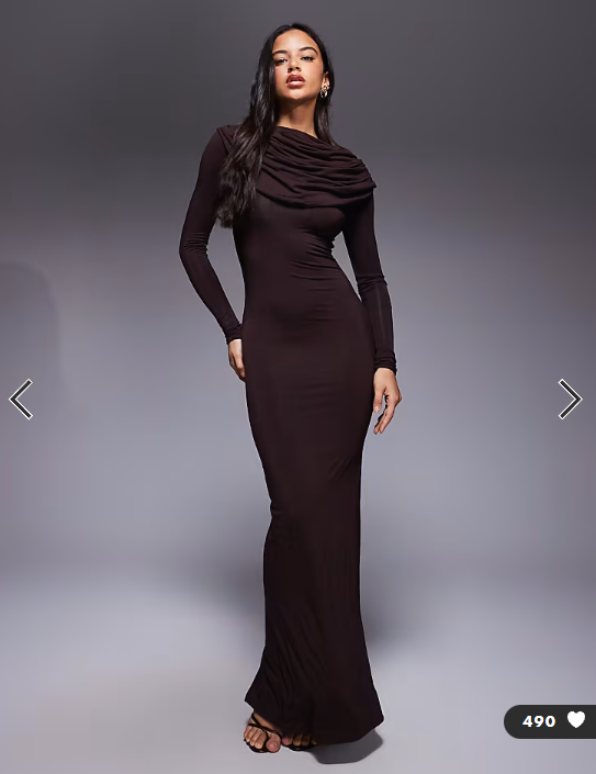 Wanderdoll Grace double layered cape drape detail long sleeve maxi dress in espresso