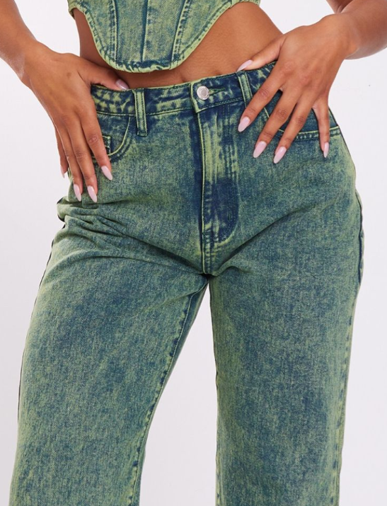Green Tint Vintage Wash Mid Rise Wide Leg Jeans