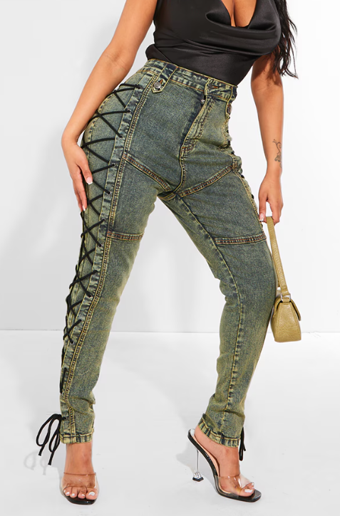 Shape Green Washed Denim Lace Up Skinny Jeans