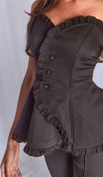 Black Woven Frill Peplum Flared Jumpsuit