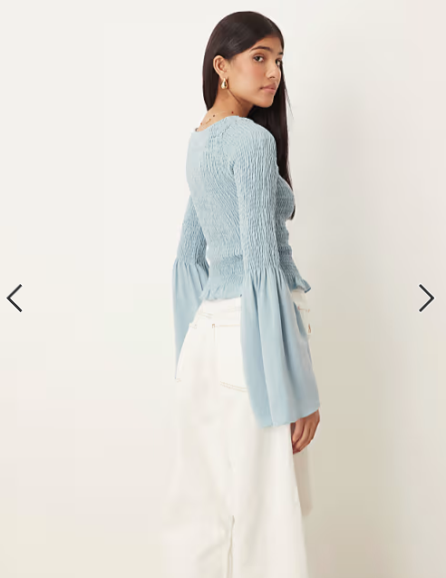 ASOS DESIGN shirred top with angel sleeves in dusky blue