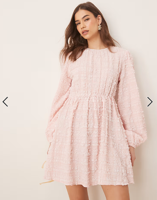 Gina Tricot textured mini dress with open tie back and volume sleeves in pink