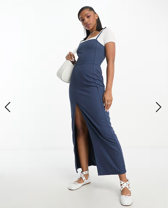 Monki denim midi pinafore dress in mid wash blue