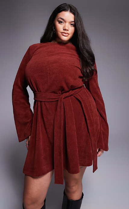 ASOS DESIGN Curve fluted sleeve tie waist corduroy mini dress in burgundy