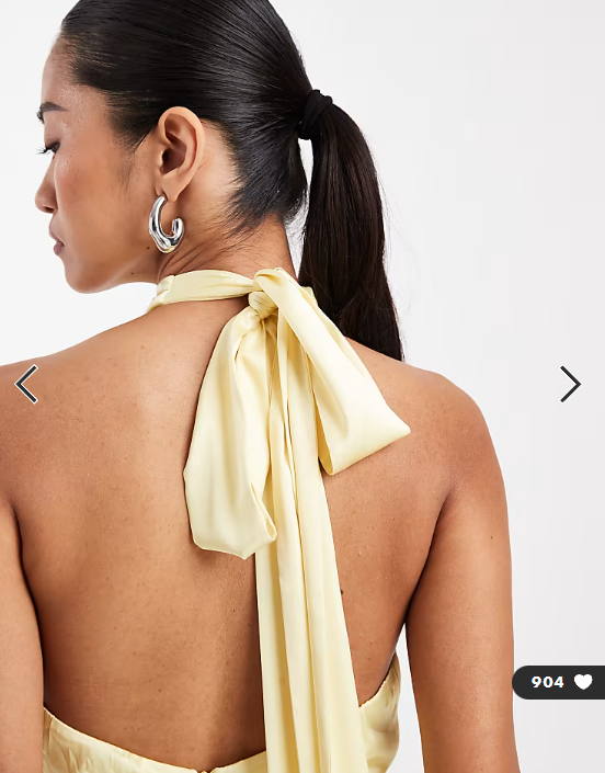 TFNC Bridesmaid satin halter neck pleat detail maxi dress in butter lemon