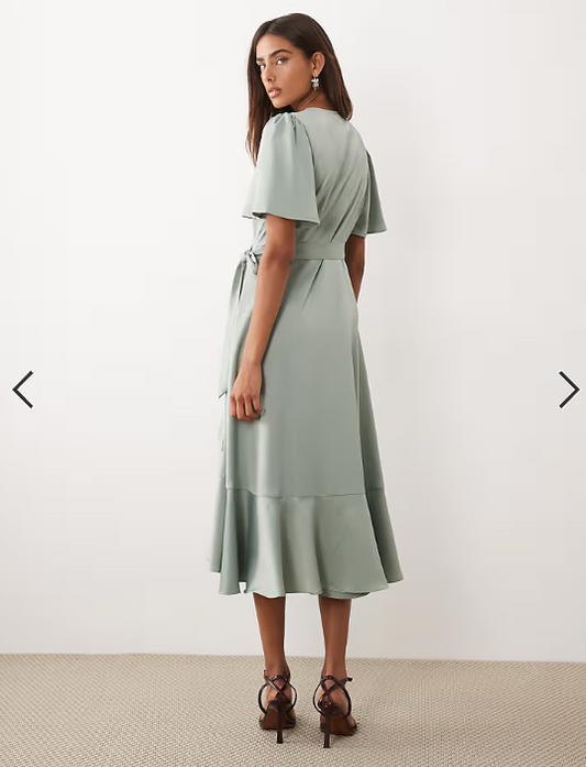 YAS satin wrap midi dress in sage green