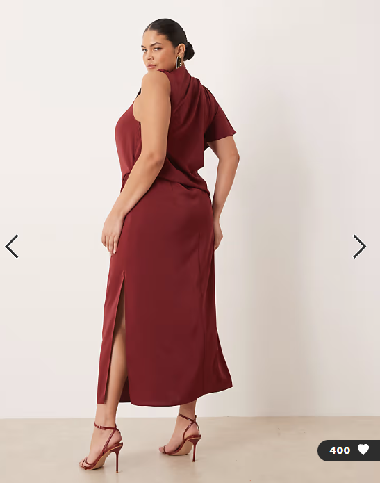 ASOS DESIGN Curve draped one sleeve slinky dress in burgundy