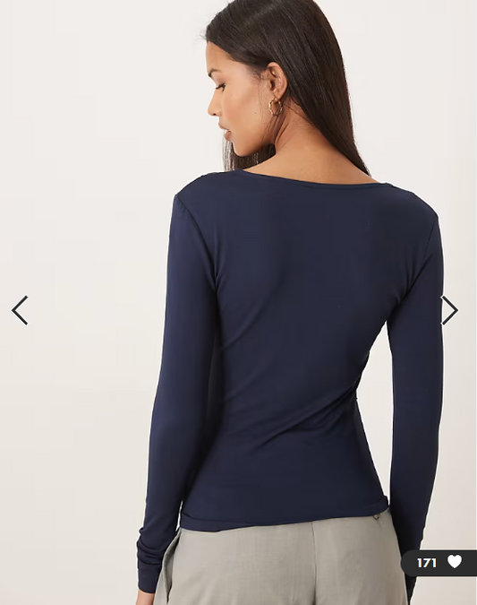Gina Tricot v neck lace detail long sleeve slim fit top in navy blue