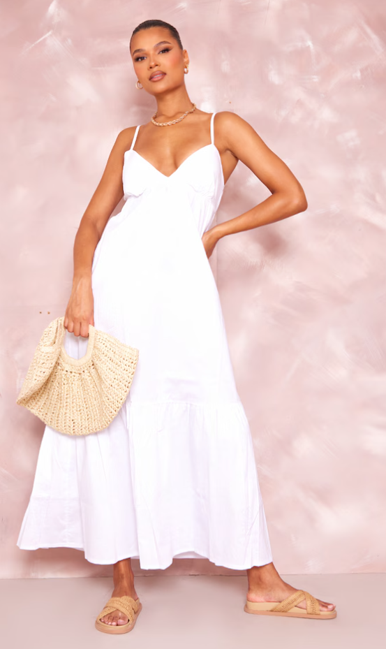 White Tiered Strappy Smock Maxi Dress
