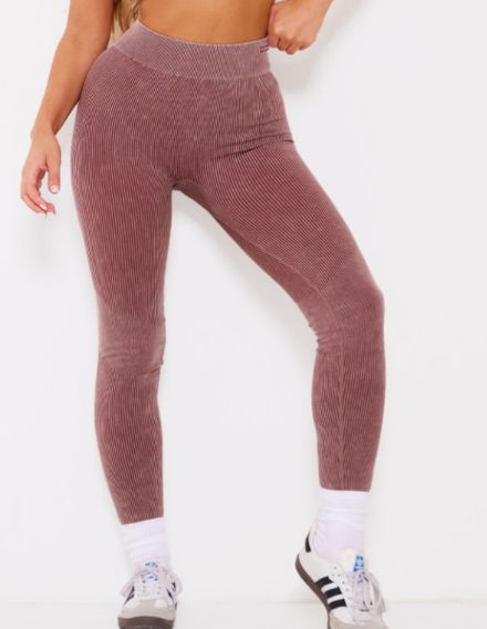 PLT Sport Deep Brown Acid Wash Seamless Rib High Waist Gym Leggings