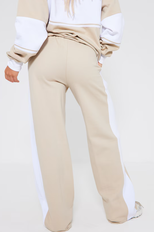 Beige Montreal Embroidered Panelled Wide Leg Joggers