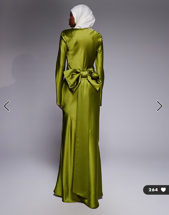 Daska satin exaggerated bow back maxi dress olive green