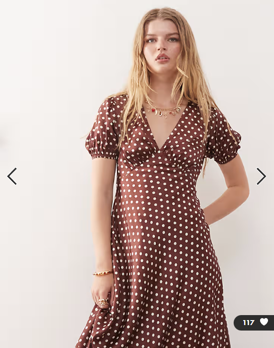Reclaimed Vintage midi tea dress with puff sleeve and cross back in brown polka dot