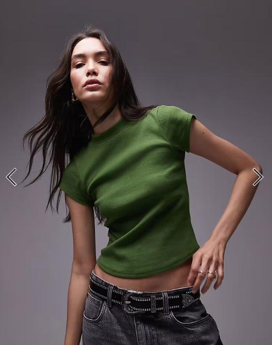 Topshop rib fitted curve hem tee in olive green