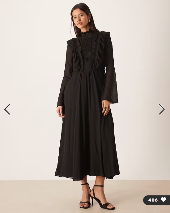 Asos - high neck ruffle maxi dtess with lace inserts and ties in midnight black