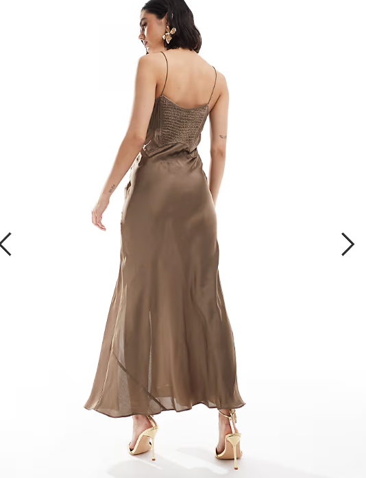 ASOS DESIGN satin corset detail pin tuck bias maxi dress in mink