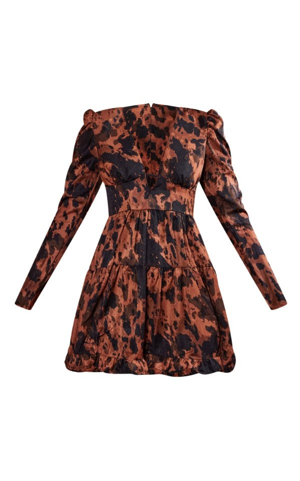 Chocolate Abstract Puff Sleeve Frill Hem Tea Dress