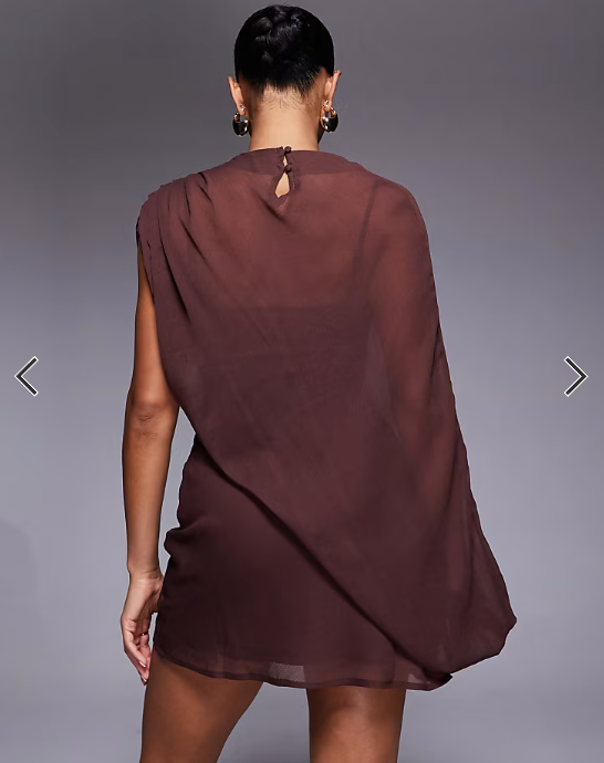ASOS DESIGN high neck draped asymmetric mini dress with cut out in chocolate