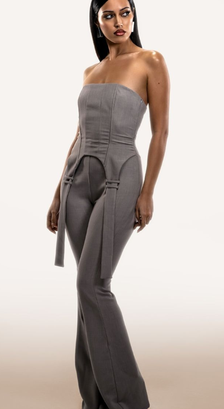 PLT Label Light Grey Corset Strap Detail Jumpsuit