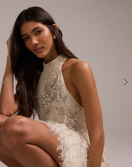 ASOS DESIGN floral embellished halter mini wedding dress with fringe hem in ivory