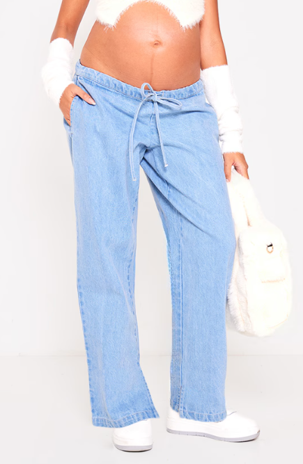 Maternity Washed Blue Under Bump Drawstring Straight Leg Jeans