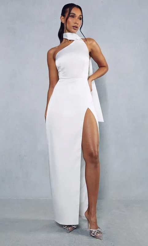 Premium Satin Diamante Drape Back Split Leg Maxi Dress