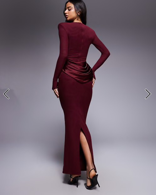 Wanderdoll Eman slash neck satin drape waist detail long sleeve bodycon maxi dress in berry