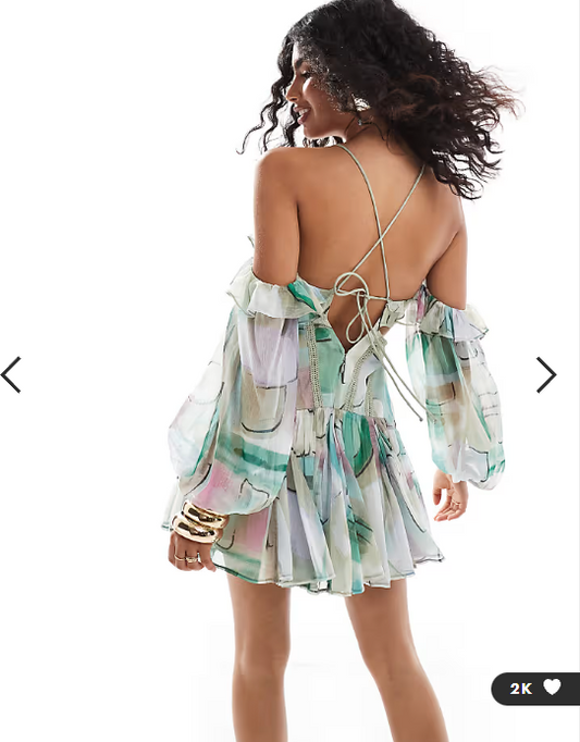 ASOS DESIGN cold shoulder frill trim detail mini dress in abstract print