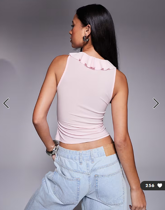 ASOS DESIGN plunge ruffle neckline racer back top in baby pink