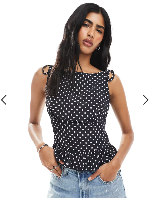 ASOS DESIGN tie shoulder cinched cami in polka dot