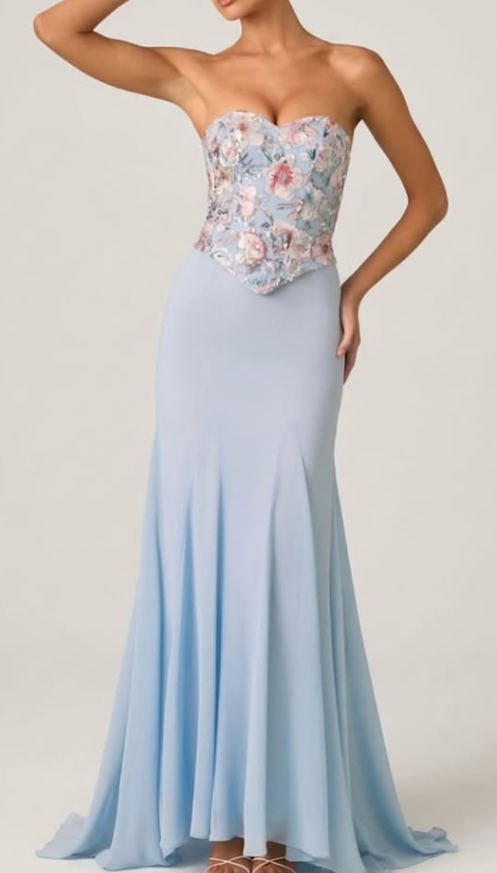 OhPolly-Embellished Corset Fishtail Gown in Floral Blue