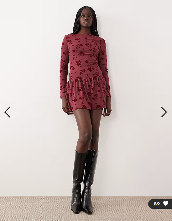 ASOS DESIGN floral flocked dropped hem mesh mini dress in burgundy