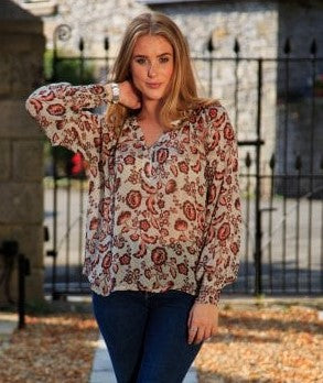 PART TWO Ketta Floral Print V Neck Viscose Blouse Brown/orange