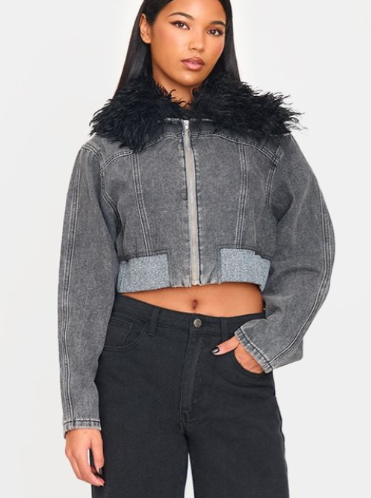Plt - Grey Faux Fur Collar Zip Up Denim Bomber Jacket
