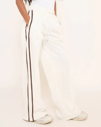 Mid Rise Tie Waist Detail Contrast Side Stripe Joggers In Cream
