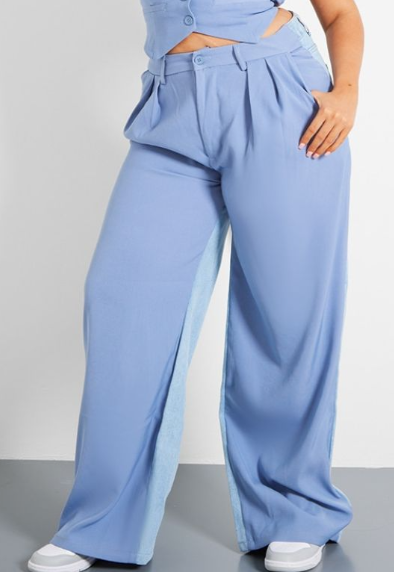 Plt - Plus Light Blue Denim Contrast Tailored Wide Leg Trousers