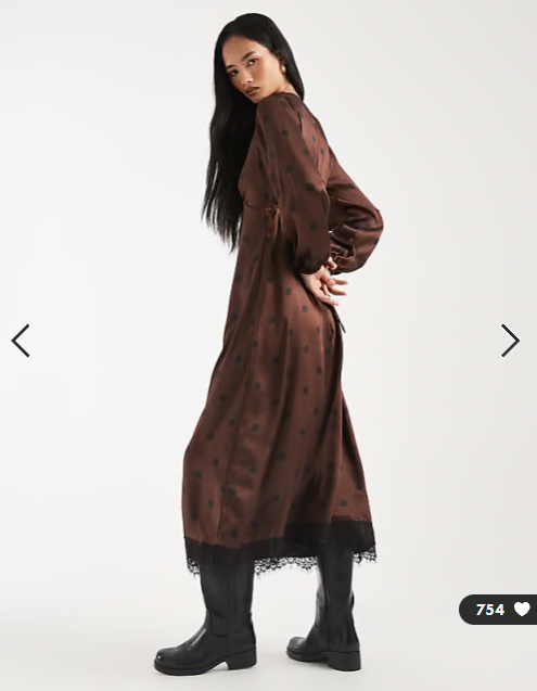 New Look polka dot long sleeve midi tea dress in brown