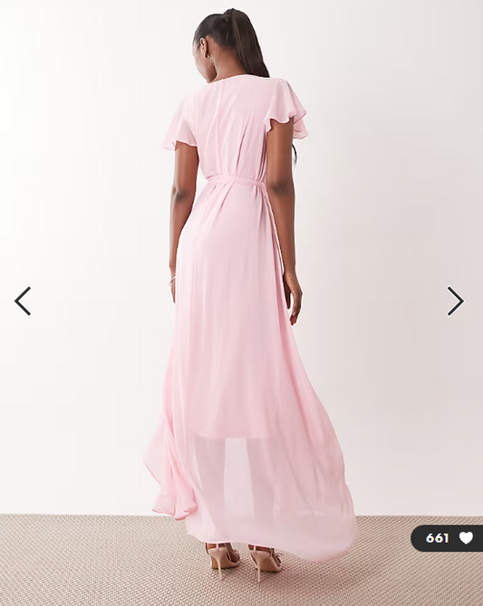TFNC Bridesmaid chiffon v neck tie detail asymmetric hem maxi dress in baby pink