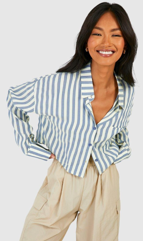 Boohoo Stripe Cropped Shirt - blue