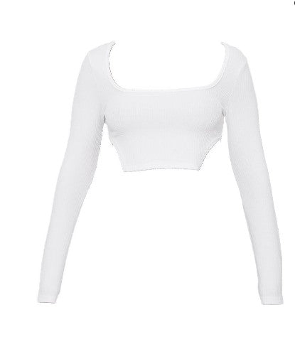 White Ripple Rib Dip Hem Crop Top