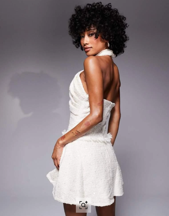 Heiress Beverly Hills - premium sequin boucle halterneck ruffle hem mini dress in cream