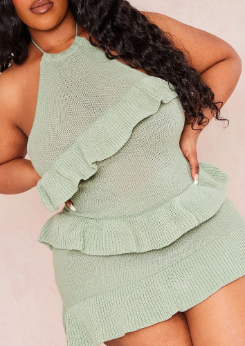 Plus Sage Green Knitted Ruffle Halterneck Bodycon Dress