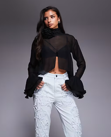 ASOS LUXE high neck sheer top with corsage detail in black