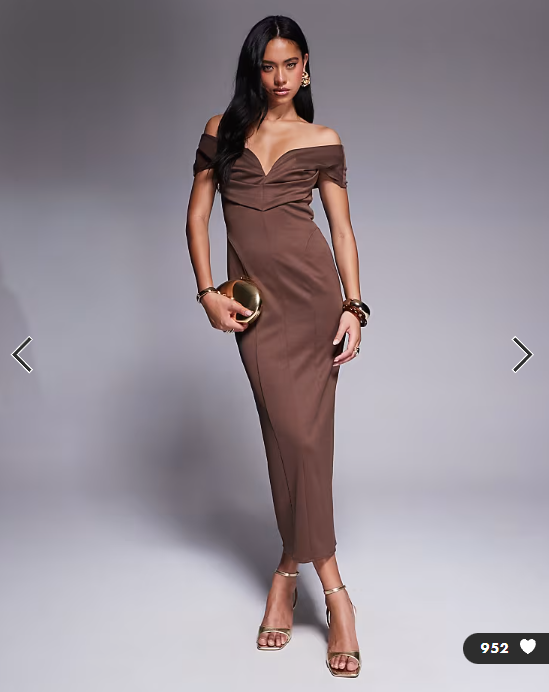 ASOS DESIGN sculpted bardot midi pencil dress with seam detailing in chocolate