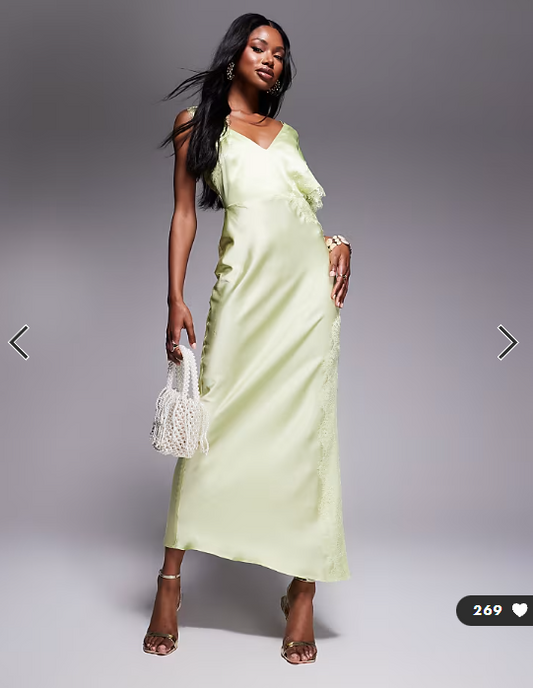 ASOS DESIGN satin one shoulder maxi dress with lace trim in sage green