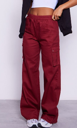 Oxblood Wide Leg High Waisted Cargo Trousers